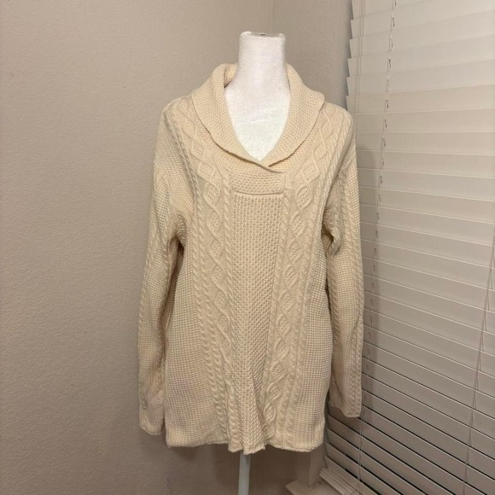 Jeanne Pierre‎ 1X 100% cotton cream shawl collar sweater cable knit design